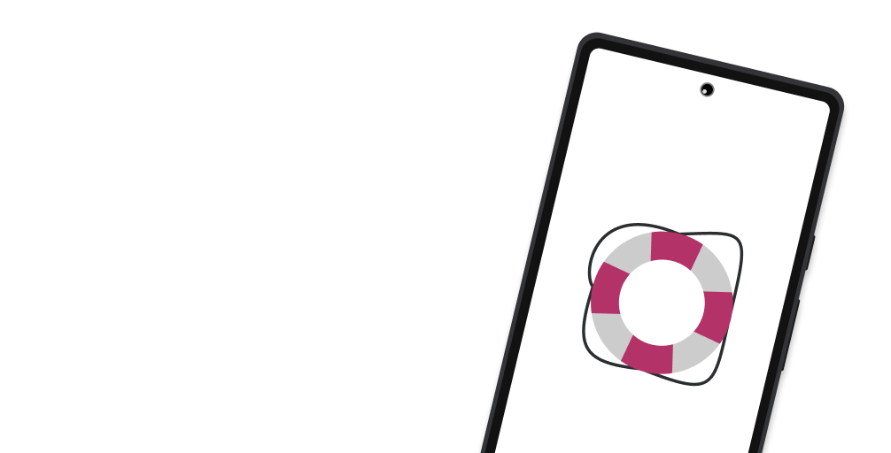 Smartphone med app-ikon, der viser en livredderring i pink og hvid, symboliserende assistance og support, med teksten 'Vagttelefon hele året. Med SkoleKontor er hjælpen kun et opkald væk. I akutte situationer uden for telefontid, kan I vælge at blive viderestillet til vores vagttelefon