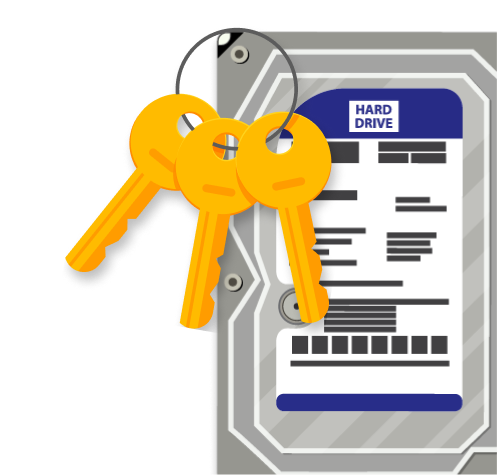 Illustration af en harddisk med et bundt gule nøgler vedhæftet, der repræsenterer sikker datalagring og kryptering.