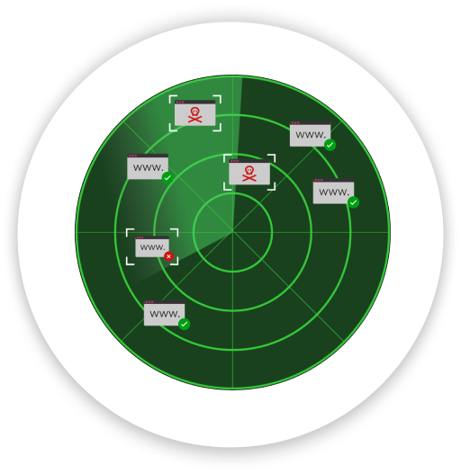 Ikon af en radar, der symboliserer et DNS-filter, som beskytter mod eksterne trusler og blokerer hjemmesider med skadeligt eller ulovligt indhold samt forsøg på at stjæle personlige oplysninger.