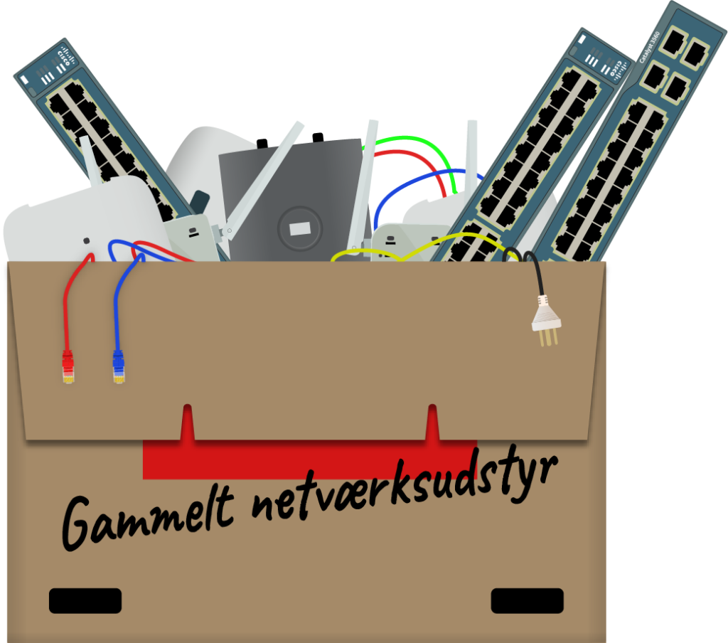 Billede af en papkasse fyldt med gammelt netværksudstyr som routere, switche, kabler og en strømadapter, som skolen kan få penge for, når de skifter til SkoleWiFi. På kassen står teksten ‘Gammelt netværksudstyr’ skrevet med sort håndskrift.