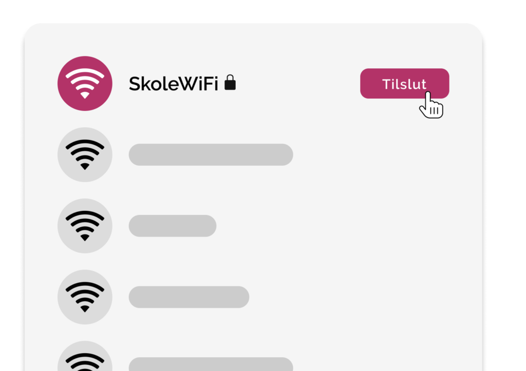 Illustration af en Wi-Fi-menu på en enhed, hvor ‘SkoleWiFi’ er valgt og fremhævet med en lås-ikon, hvilket indikerer en sikker forbindelse. En markør er vist ved knappen ‘Tilslut’, klar til at forbinde til netværket.